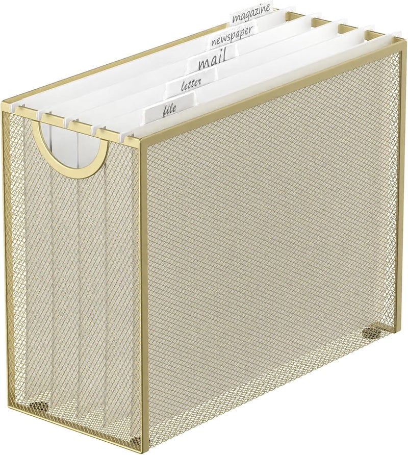Sinboun Hanging File Organizer Letter-Size File Holder Filing Box Includes 5 Hanging Folders - Metal Mesh Magazine Letter Storage Cabinets File Cart for Office Home School, No Assembly Required Gold - Image 1
